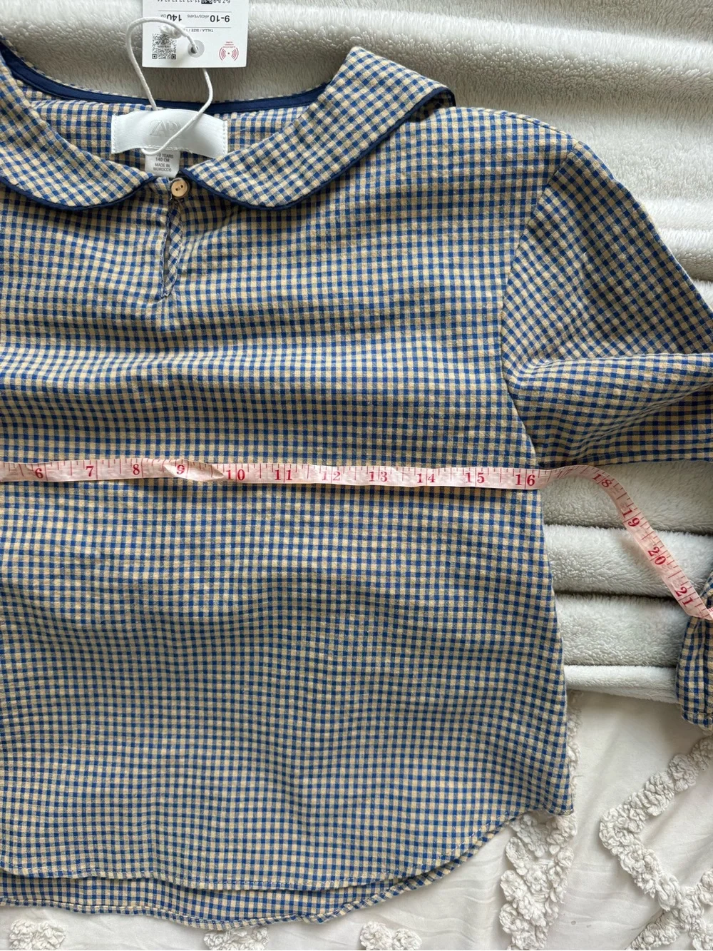 ZARA Girls Gingham Peter Pan Collar Blouse Size 9-10Y 140 NWT Blue Beige Top